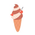 Vanilla and chocolate ice cream in waffle cone with cherry. Summertime, hello summer. Hand drawn vector illustration Royalty Free Stock Photo