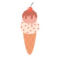 Vanilla and chocolate ice cream in waffle cone with cherry. Summertime, hello summer. Hand drawn vector ilustration Royalty Free Stock Photo