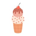 Vanilla and chocolate ice cream in waffle cup with cherry. Summertime, hello summer. Hand drawn vector illustration Royalty Free Stock Photo