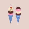 Vanilla chocolate and strawberry ice cream in a waffle cone with cherry vector illustration. Isolated sweets for kids. Royalty Free Stock Photo
