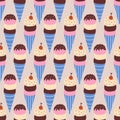 Vanilla chocolate and strawberry ice cream in a waffle cone with cherry vector illustration. Sweets seamless pattern for kids.