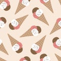 Vanilla chocolate and strawberry ice cream in a waffle cone hand drawn vector illustration. Seamless pattern Royalty Free Stock Photo