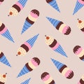 Vanilla chocolate and strawberry ice cream in a waffle cone vector illustration. Cute sweets seamless pattern for kids. Royalty Free Stock Photo