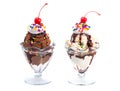 Vanilla and Chocolate Sundaes Isolated on a White Background with Cherries on Top