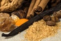 Vanilla, cinnamon sticks and other spices and ingredients Royalty Free Stock Photo