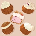 Vanilla, coffee, chocolate, macaron, strawberry cream puffs illustration Royalty Free Stock Photo