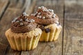 Vanilla cupcake with chocolate topping. Old wooden background. Royalty Free Stock Photo