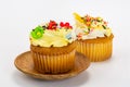 Vanilla cupcake garnished with vanilla butter cream frosting and multicolored sprinkles Royalty Free Stock Photo