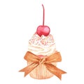 Vanilla cupcake with light cream and cherries. Watercolor vintage illustration on the theme of birthday. Isolated on a Royalty Free Stock Photo