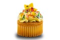 Vanilla cupcake with multicolored butter cream frosting decorated with colorful sprinkles Royalty Free Stock Photo