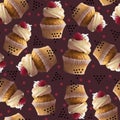 Vanilla Cupcake in paper cup with frosting and fresh raspberry pattern on dark chocolate background red and black dots Royalty Free Stock Photo