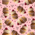 Vanilla Cupcake in paper cup with frosting and fresh raspberry pattern on pink background random dots