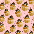 Vanilla Cupcake in paper cup pattern on pink background with polka dots Royalty Free Stock Photo
