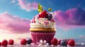 Vanilla cupcake with raspberries still life stock images Delicious creamy cupcake Royalty Free Stock Photo