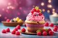 vanilla cupcake with raspberries still life stock images. Delicious creamy cupcake with berries on the table. Royalty Free Stock Photo