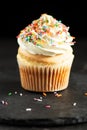 Vanilla cupcake with sprinkles Royalty Free Stock Photo