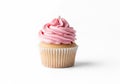 Vanilla cupcake with a swirl of pink buttercream frosting, showcased against a plain Royalty Free Stock Photo