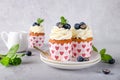 Vanilla cupcakes with blueberries and with cream cheese frosting Royalty Free Stock Photo