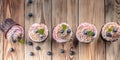 Food banner. Vanilla cupcakes with cream and blueberries on a wooden table Royalty Free Stock Photo