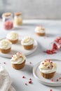Vanilla cupcakes decorated with white frosting and dried strawberry on gray table. Side view, close up. Cookbook recipe, menu, Royalty Free Stock Photo