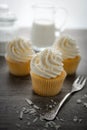 Vanilla cupcakes frosting with butter cream. Royalty Free Stock Photo