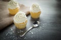 Vanilla cupcakes frosting with butter cream. Royalty Free Stock Photo