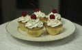 vanilla cupcakes on a plate with cherry topping Royalty Free Stock Photo
