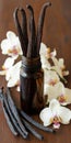Vanilla Extract, Beans, and Orchid Flowers Arranged on Rustic Wooden Table Background Royalty Free Stock Photo