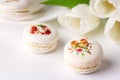 Vanilla French Beautiful White Macarons on White Background Cup of Coffee Beautiful Dessert Modern Dessert