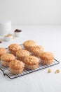 Vanilla fresh baked muffins on a white table with nuts and berries Royalty Free Stock Photo