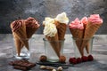 Vanilla frozen yogurt or soft ice cream in waffle cone