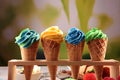 Vanilla frozen yogurt or colorful soft ice cream in waffle cone Royalty Free Stock Photo