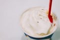 Vanilla frozen yogurts, frozen custards or soft ice creams in disposable blank paper cup, Selective Focus