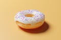 Vanilla glazed donut or doughnut with colorful sugar sprinkles on top 3d rendering on pastel yellow background. White sugar glazed Royalty Free Stock Photo