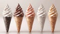 Vanilla, green tea, chocolate, and charcoal ice cream soft serve isolated on white background. Royalty Free Stock Photo