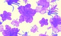 Vanilla Hibiscus Backdrop. Pink Flower Leaves. Violet Seamless Leaf. Purple Watercolor Backdrop. Pattern Leaves. Tropical Jungle.