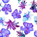 Vanilla Hibiscus Jungle. Lavender Flower Set. Indigo Watercolor Design. Floral Leaf. Seamless Foliage. Pattern Textile. Tropical T