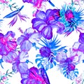 Vanilla Hibiscus Print. Indigo Flower Background. Pink Seamless Wallpaper. Blue Watercolor Design. Green Pattern Textile. Purple