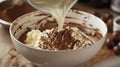 Vanilla ice cream being poured from a scoop into a white ceramic bowl, creating a creamy swirl Royalty Free Stock Photo