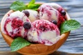 Balls of vanilla ice cream with black currants.