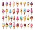Vanilla ice cream collection, strawberry cherry flavor soft icecream or chocolate popsicle on stick frozen milk scoop Royalty Free Stock Photo