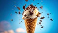 Vanilla ice cream cone with chocolate chunks and drizzle against blue sky dessert sweet Royalty Free Stock Photo