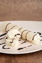 Vanilla ice cream crepe with chocolate sauce Royalty Free Stock Photo