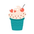 Vanilla ice cream in cup with cherry and chocolate drops. Summertime, hello summer. Hand drawn vector illustration Royalty Free Stock Photo