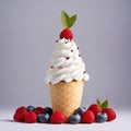 Vanilla ice cream with fresh berries. Sweet berry summer dessert.