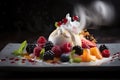 Vanilla ice cream with fresh fruits and berries on a black background Royalty Free Stock Photo