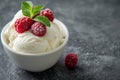 Vanilla ice cream with fresh raspberries and mint in a white bowl Royalty Free Stock Photo