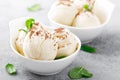 Vanilla ice cream with grated chocolate and mint