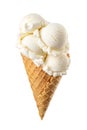 Vanilla ice cream with lot of scoops served on a waffle cone isolated on white Royalty Free Stock Photo