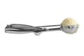 Vanilla ice cream and metal ice cream scoop on white background Royalty Free Stock Photo